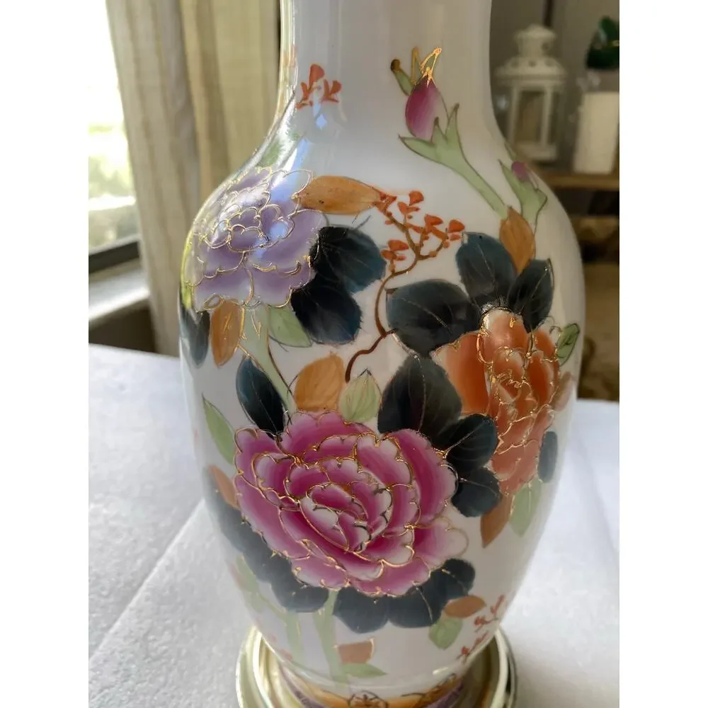 vintage hand-painted porcelain vase table lamp colorful floral brass metal base